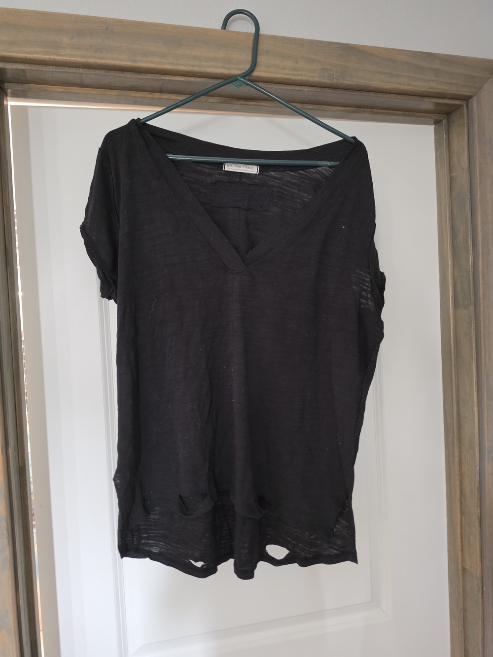 We The Free-Free People Black V-Neck Distressed Short Sleeve Tee